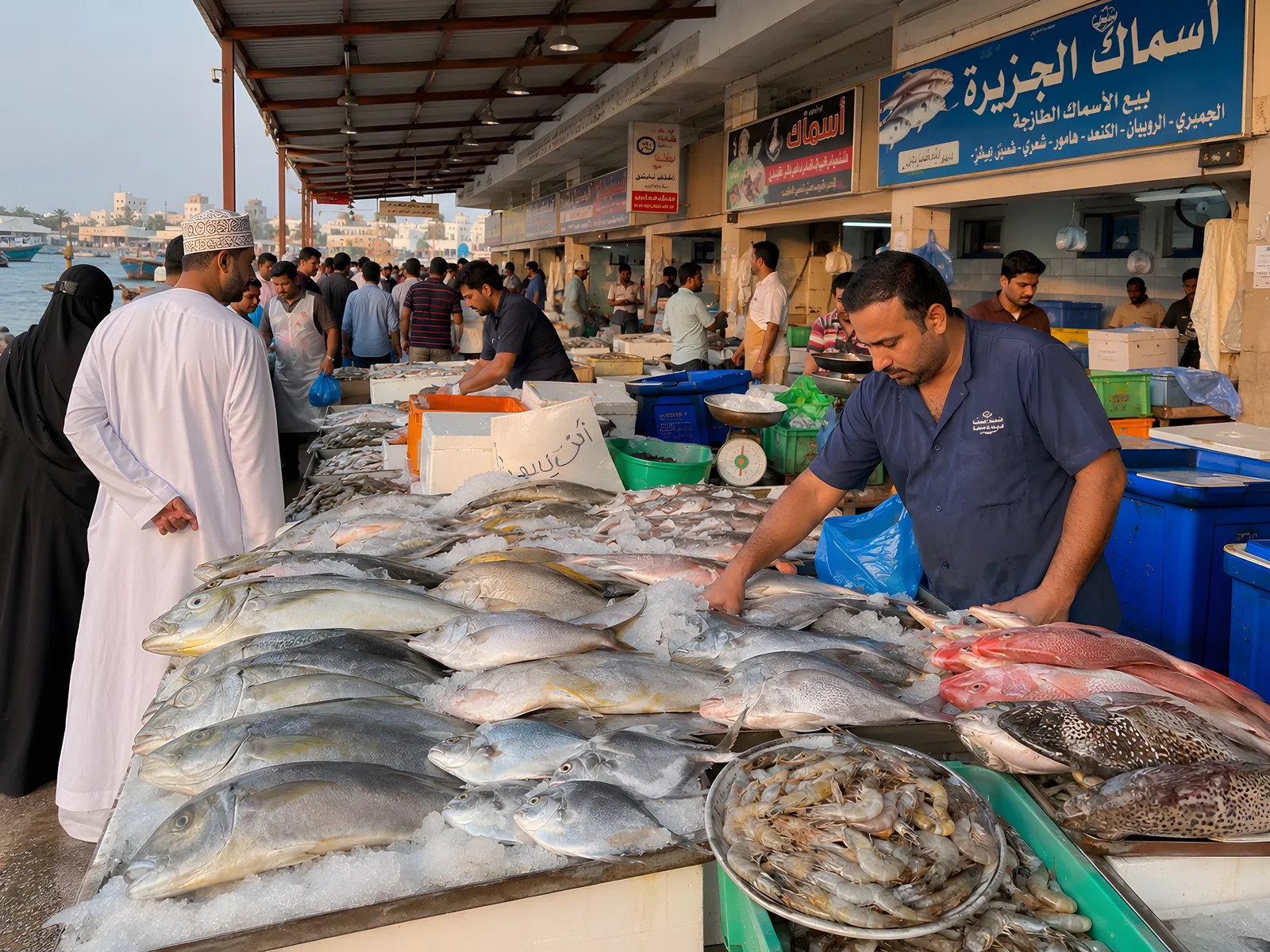 An outdoor fish market with fresh fish and shrimp laid out on ice, a vendor in a blue shirt sorting the catch, shoppers in traditional and casual dress, Arabic signage, and boats along the water in the background.