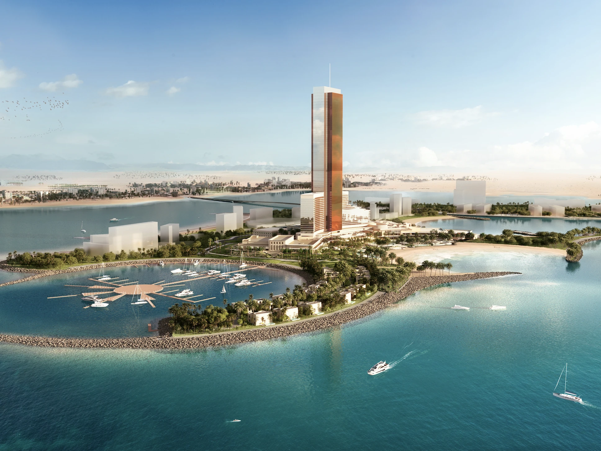 Wynn Al Marjan Island Reveals Two Royal Apartments Above Ras Al Khaimah, Ras Al Khaimah: Architectural rendering of a coastal island resort featuring a slim high-rise tower with a bronze facade, a circular marina filled with yachts, palm-lined