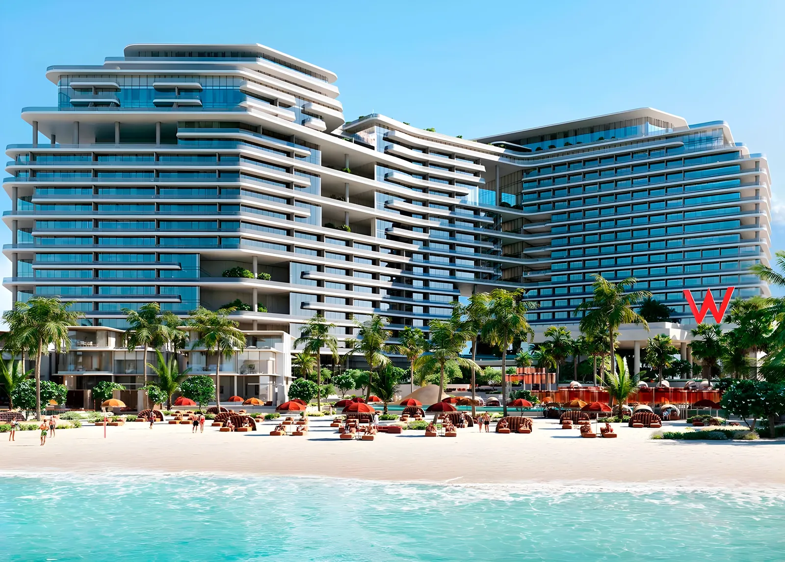 Architectural rendering of a large multi-tiered glass-fronted beachfront resort with a red W logo, fronted by palm trees, red umbrellas, sun loungers and cabanas on a white-sand beach beside turquoise sea.