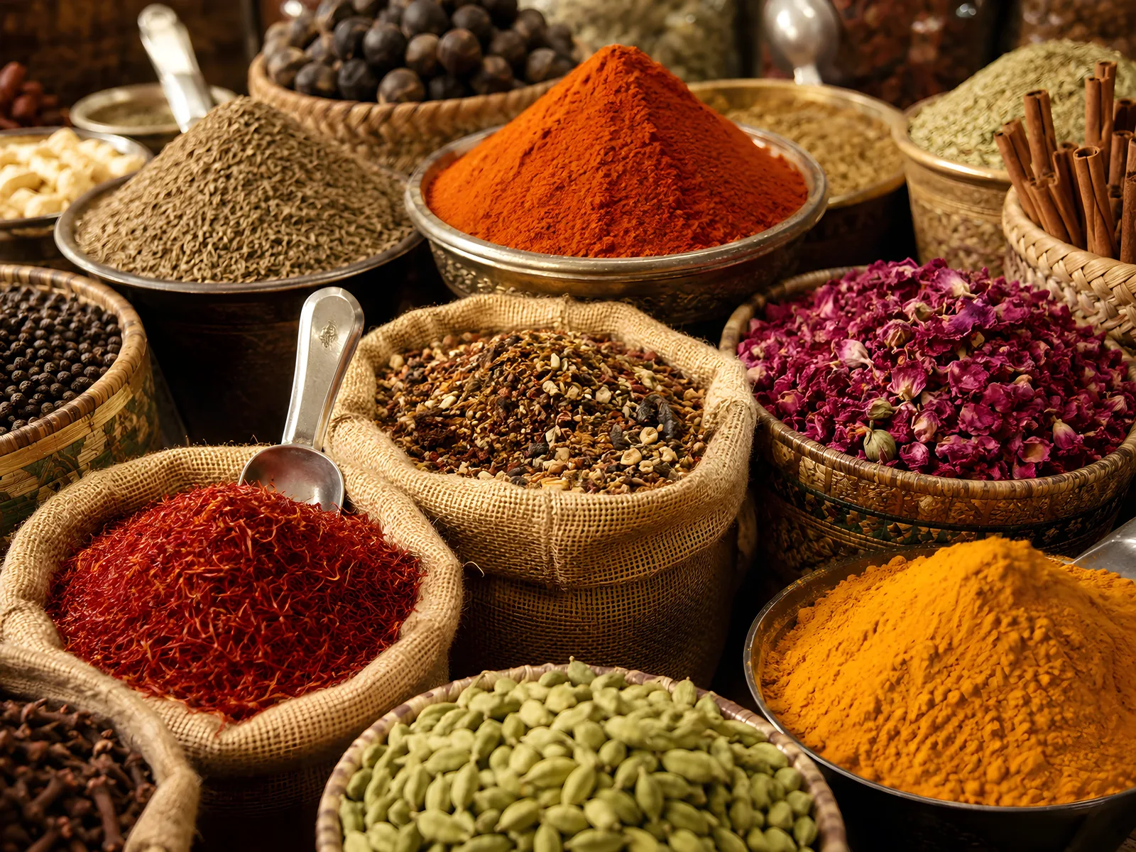 Assorted spices displayed in metal bowls, woven baskets and burlap sacks, including red chili powder, yellow turmeric, red saffron threads, green cardamom pods, black peppercorns, dried purple rose petals, cinnamon sticks and mixed spice blends, with metal scoops.