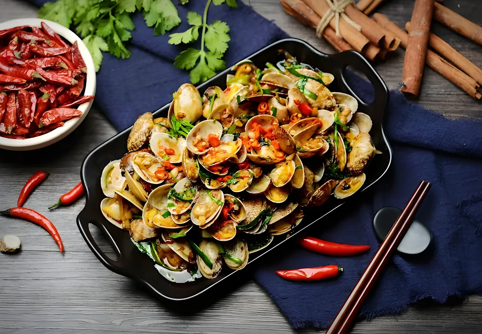 Black rectangular platter filled with open clam shells tossed with sliced red chili, green herbs, and garlic, set on a navy cloth over a gray wood table, with a bowl of dried red chilies, cinnamon sticks, fresh red chilies, and dark wooden chopsticks nearby.