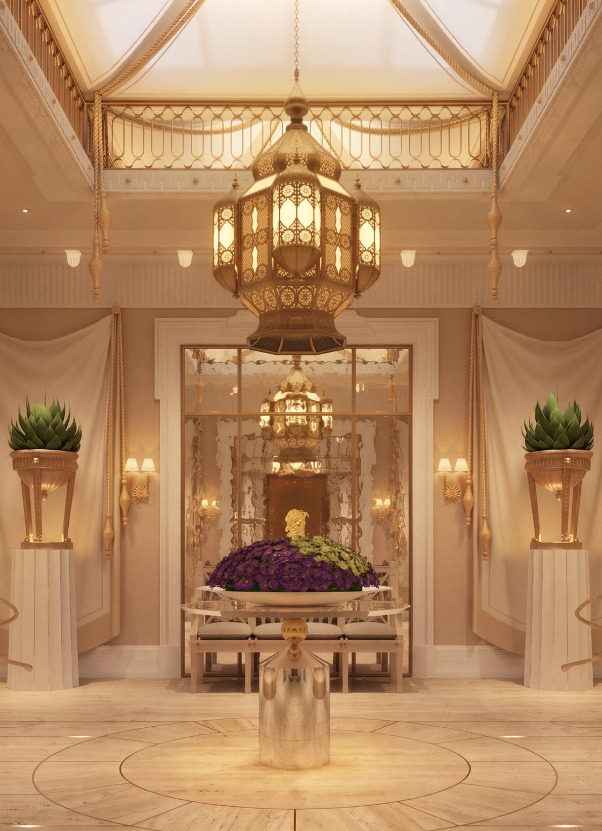 Wynn Al Marjan Island Unveils Ultra-Luxury Townhomes, Ras Al Khaimah: Elegant hotel lobby interior with a large golden pierced-metal lantern hanging from a skylight ceiling, a central round marble table holding a purple and green flower bouquet,