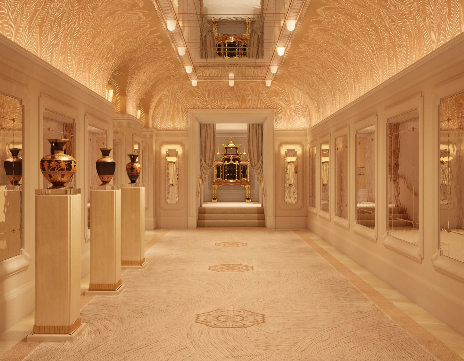 Wynn Al Marjan Island Unveils Ultra-Luxury Townhomes, Ras Al Khaimah: Interior of an opulent gallery hallway with cream and gold decor, featuring several ancient-style vases on tall pedestals along the left wall, mirrored panels on the right, a