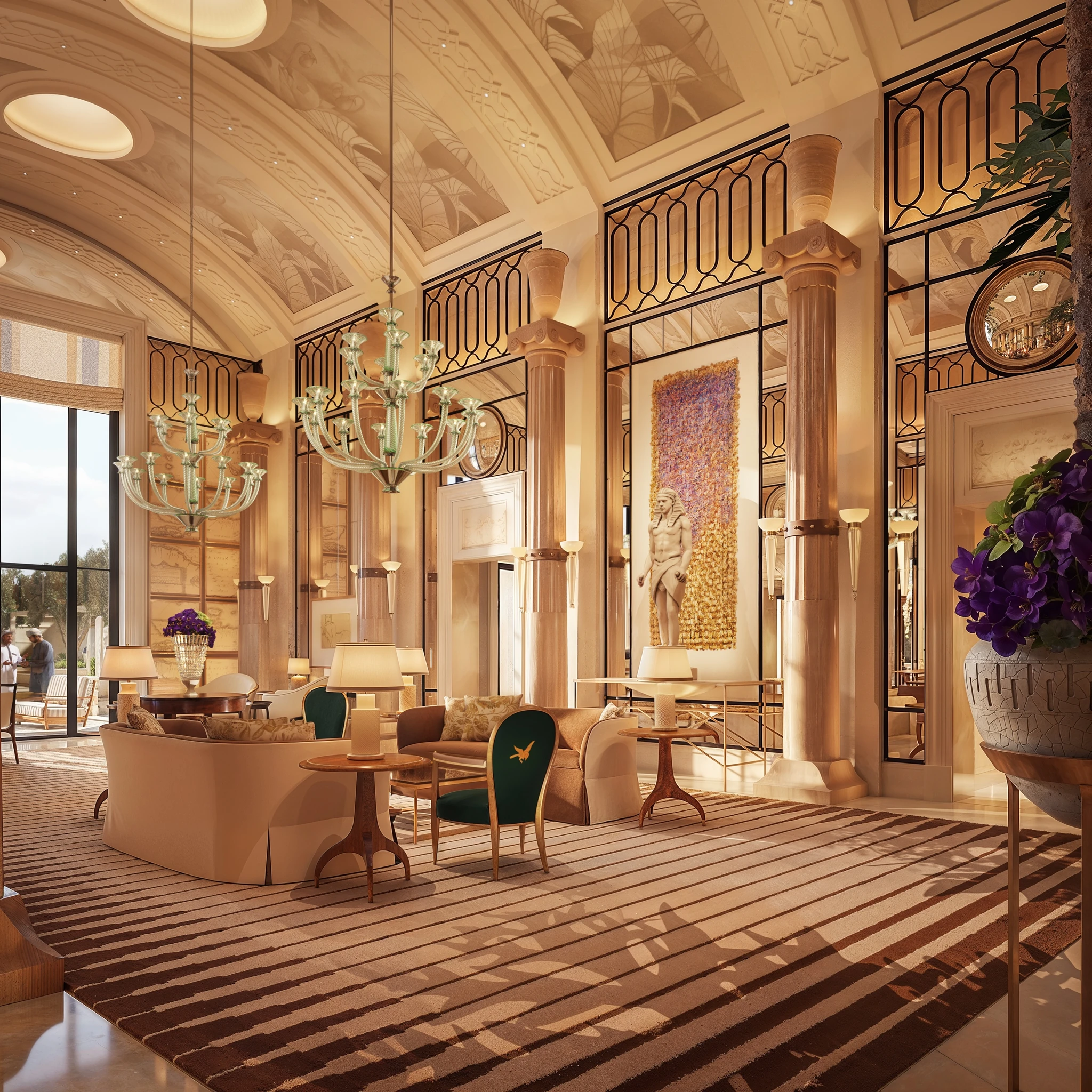 Wynn Al Marjan Island Unveils Ultra-Luxury Townhomes, Ras Al Khaimah: Luxurious hotel lobby lounge with two glass chandeliers hanging from a vaulted decorated ceiling, tall stone columns, ornate black metal screens, a classical statue on the far
