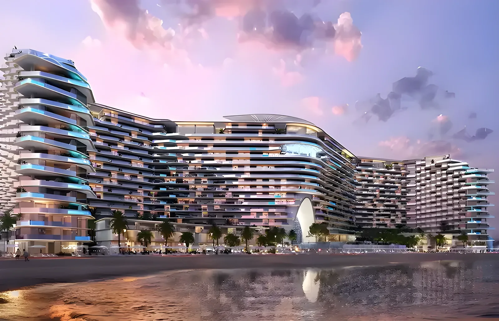 Modern curved multi-story beachfront resort with wavy balconies and blue accent lighting, fronted by palm trees and a sandy beach, reflected in calm water under a pink and lavender dusk sky.