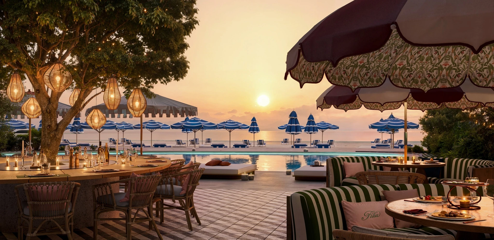 Outdoor beach club restaurant at sunset with rattan chairs, green striped banquettes, hanging lantern lights in a tree, an infinity pool, blue and white striped beach umbrellas, sun loungers, and the sun setting over the ocean.