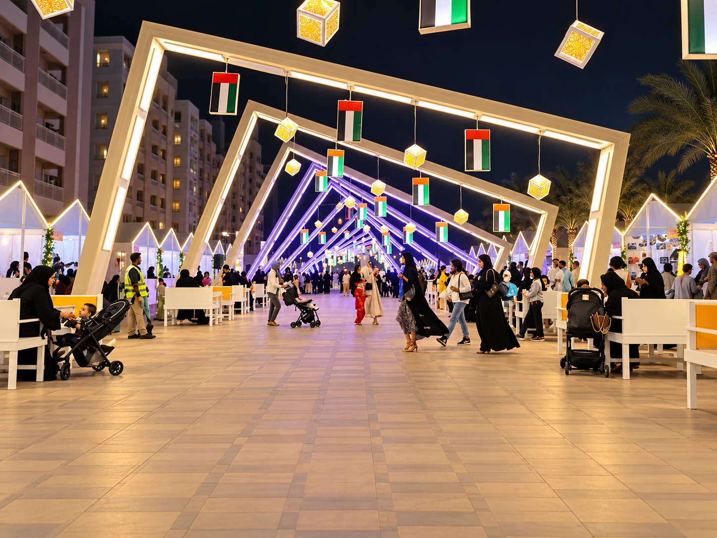 RAK Eats Festival 2026 Returns to Manar Mall This December, Ras Al Khaimah: Outdoor night festival with white arched structures, hanging yellow lanterns and UAE flags, purple neon lights, and crowds of people walking and sitting at white benches