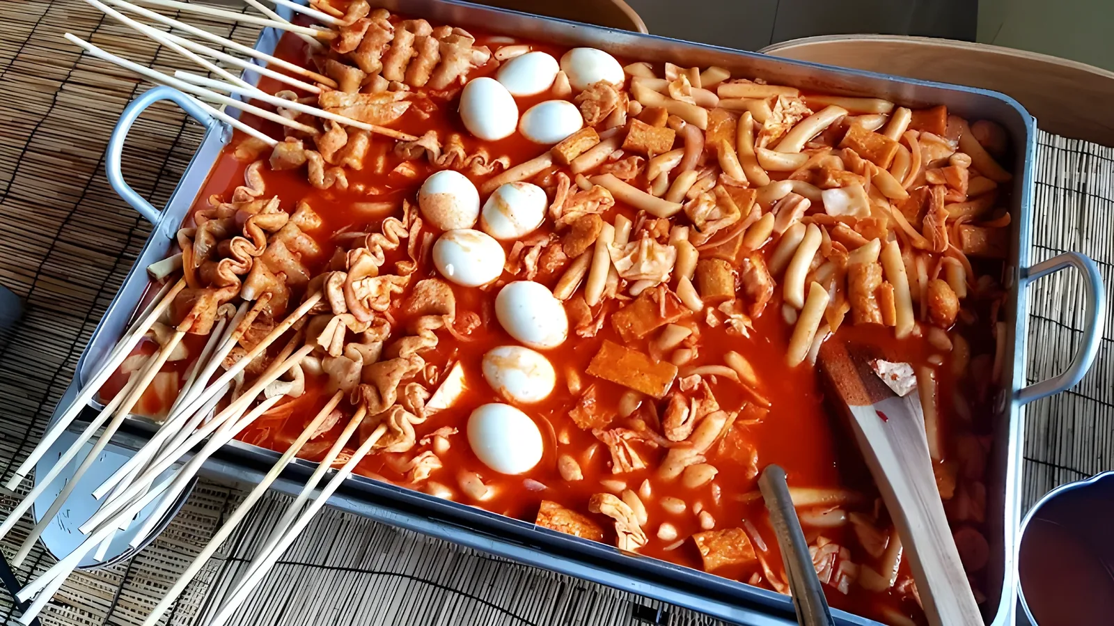 Overhead view of a metal pan holding red spicy tteokbokki with boiled eggs, cylindrical rice cakes, fish cake skewers, and a wooden serving spoon, set on a bamboo mat.