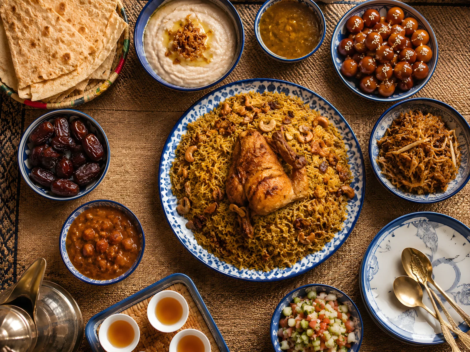Overhead view of a Middle Eastern meal with a large blue-and-white platter of yellow rice topped with roasted chicken and cashews, surrounded by bowls of hummus, dates, chickpea stew, shredded meat, gulab jamun sweets, chopped salad, flatbread, and small cups of Arabic coffee on a woven mat.