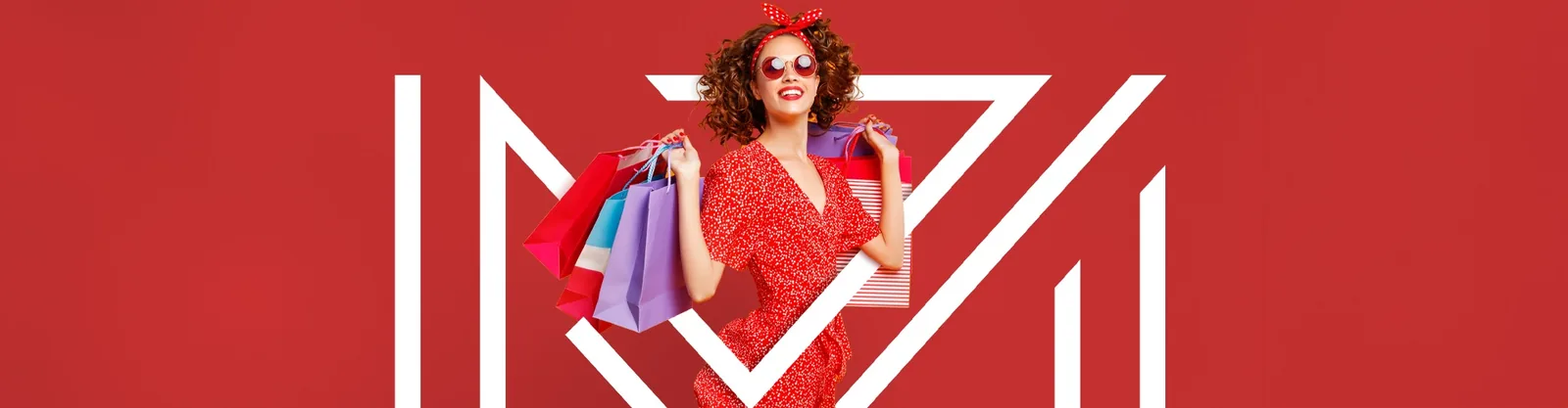 Woman with curly hair wearing a red polka-dot dress, red headband and round sunglasses, holding pink, purple, blue and striped shopping bags in front of a red background with white triangular line graphics.